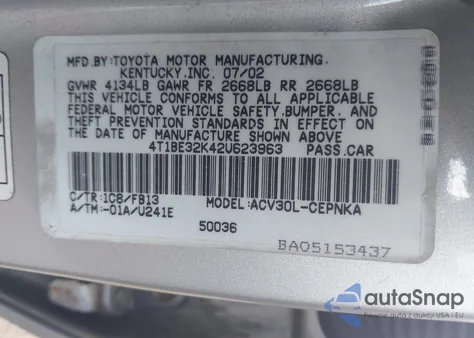 2002 Toyota Camry Le из США, поврежденный, VIN 4T1BE32K42U623963